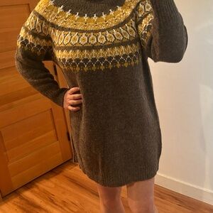 Lulu's Taupe and Mustard Patterned Sweater Dress
